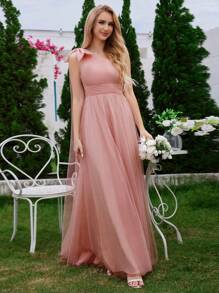 EVER-PRETTY Abito da damigella d'onore a-line in tulle con fiocco e nastro su una spalla, romantico