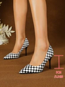 Black Checkered Pointed Toe Low Vamp Stiletto Heels, 2025 New Arrival Women's Shoes, Charming, Sexy, Fashionable & Versatile