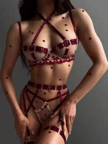 Romantic Embroidered Steel Circle Sexy Heart Valentine's Day Bra Set Neckline, Embroidered Thong, Waistband And Leg Straps 5 Piece Set(Complimentary Collars) - 紅色 - 查看 3