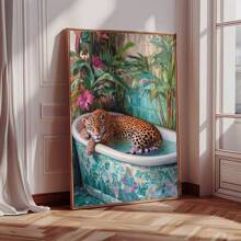 1pc Leopard In Bathtub Wall Art Picture Tropical Jungle Bathroom Canvas Prints Paintings Playful Animal Poster Bold Maximalist Decor For Bedroom,Living Room,Dorm Wall Decor No Framed