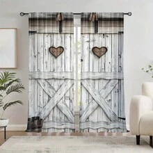 2pcs Retro Wooden Barn Door Graphic Digital Print Sheer Curtains, Lightweight Polyester Fabric, Suitable For Living Room, Wardrobe, Kitchen, Bedroom, Study, Bathroom, Hotel, Dining Room, Entryway, Home Decor - Multicolor - View 5