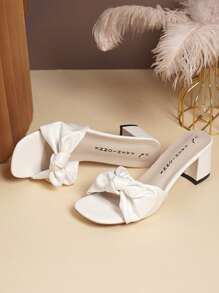 1 Paar weiße High Heel Sandalen für Damen, mittlerer Absatz, Schleifendekor, für formelle Hochzeitsgäste, lässig für den Urlaub, PU Material bequem, Neuerscheinung 2025 - Weiss - Übersicht 8