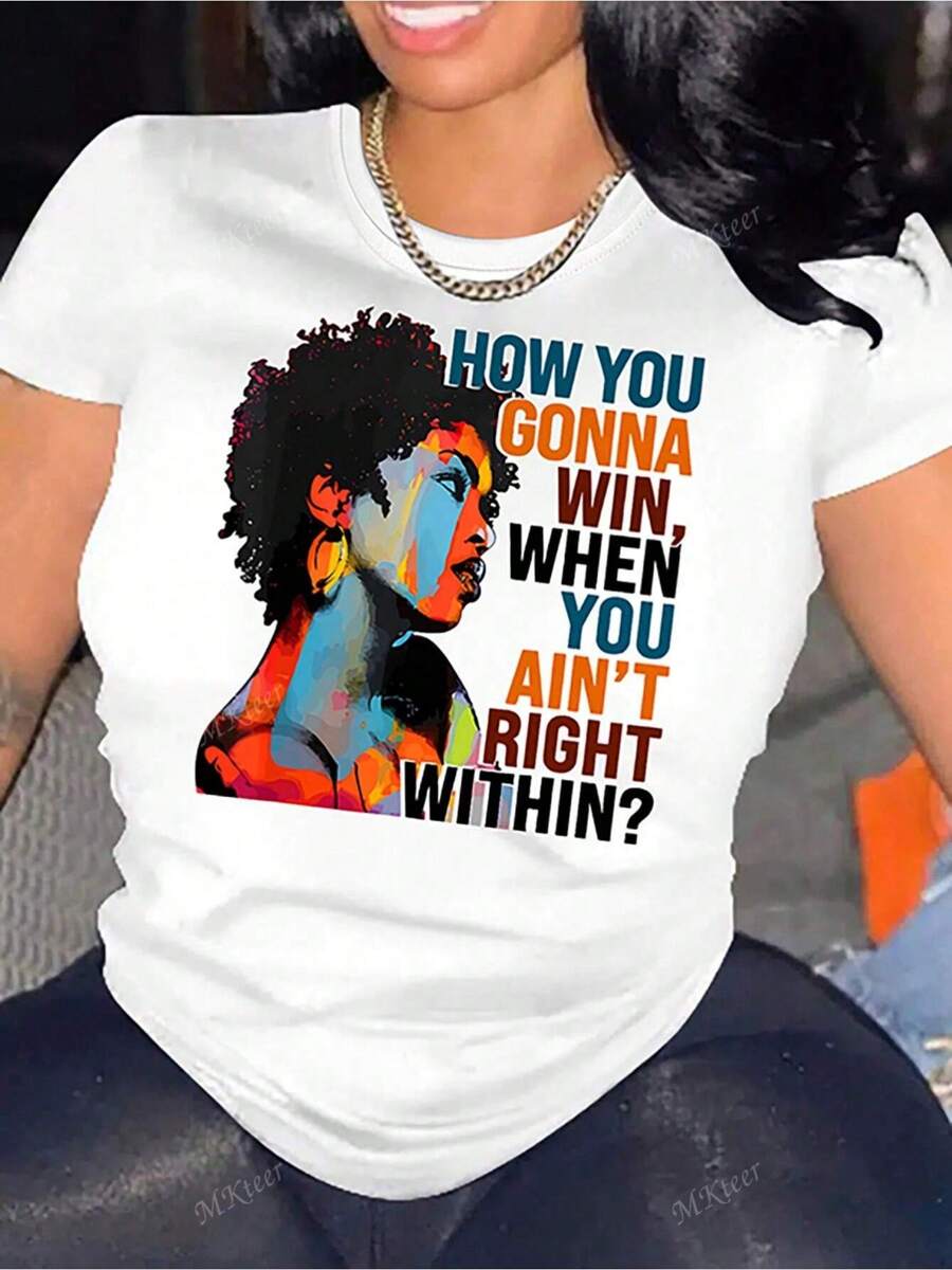 Women's Casual Round Neck Short Sleeve T Shirt With 'How You Gonna Win' Graphic Print, Regular Fit Knitted Fabric Top - Vitt - Visa 1