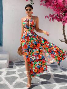 AIJ Vestido de verano de mujer Amarilo con estampado de flores romántico, cuello halter sexy, aberturas laterales y espalda abierta, estilo sexy de vacaciones (estampado aleatorio)