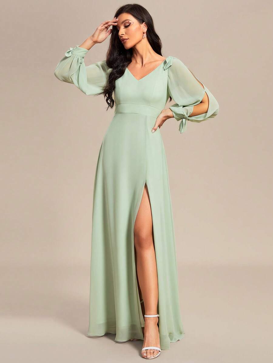 Spring Split Sleeve Split Thigh Chiffon Sage Green Bridesmaid Dress For Wedding
