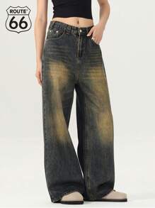 Route66 男女休闲宽松直筒阔腿牛仔裤带斜口袋，美式复古水洗效果长裤 - 藍色 - 查看 3