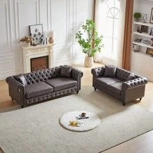 Button Tufted 3 Seats / 2 Seats Combo Sofa Couch With Nailhead Trim&Roll Armrest, Modern Living Room Sofa Set With Solid Wood Frame, Upholstered Mid Century Modern Couch With Wooden Legs, Chesterfield Sofa With 4 Cushions For Living Room, Apartment & Office Furniture - 灰色 - 查看 1