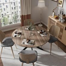 Mesa redonda para cocina y comedor, pieza de madera de diseño retro industrial, patas de metal negro, acabado nogal natural (silla no incluida)