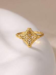 1 pieza Anillo de flor hueco de moda para mujeres y hombres, color dorado, de acero inoxidable con diseño geométrico, joyería estética para boda, regalo de pareja