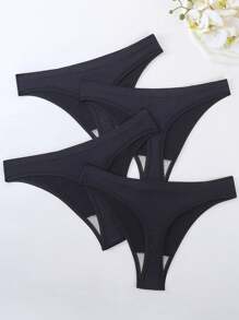 HANQIYA 4pcs Women's Plus Size Black Solid Color Thong Panties, Elegant & Simple, Moisture-Wicking & Breathable