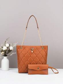 2pcs Set Solid Color Quilted PU Leather Shoulder Bag With Pearl Tassel Zipper Closure Design, Simple & Versatile, Suitable For Daily Use/Shopping - Multicolor - View 4