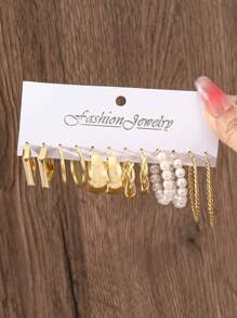 12pcs Classic Elegant Faux Pearl Earrings Set For Women, Geometric C-Shaped Charm Hoops, Suitable For Daily Wear, Dates, Party, Holiday Gift - Gold - View 12