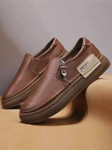 男士休闲运动鞋，2025春季软底轻便舒适鞋，男士低帮圆头侧拉链厚底时尚百搭男鞋，男士PU皮防水防油渔夫鞋 - 棕色 - 查看 2