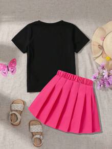 2pcs/Set Tween Girls Bow Print Round Neck Short Sleeve T-Shirt & Pleated Skirt Set, Spring/Summer - Multicolor - View 2