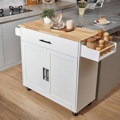 Kitchen Island Cart, 26/35.4/43/45.3/46/50/56" Wood Top Mobile Carts With Storage Cabinet, Rolling Table With Drop Leaf, Spice Rack, Towel Bar, Adjustable Shelf, Drawer, And Hooks, Portable Islands On Wheels, Black/White