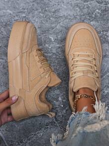 (Size Runs Small) Women's Minimalist Solid Color Patchwork Detail Front Tie Skateboard Shoes, Round Toe Platform Comfortable Casual Sneakers