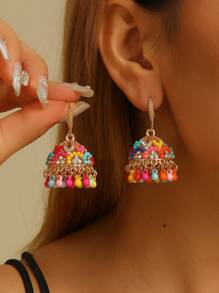 1 Pair Fashionable Boho Style Colorful Cubic Zirconia Bell Round Bead Tassel Earrings, Exquisite And Glamorous Bollywood Ear Jewelry, Suitable For Women's Daily, Festival, Wedding And Party Wear/Jewelry Gift - Multicolor - View 1