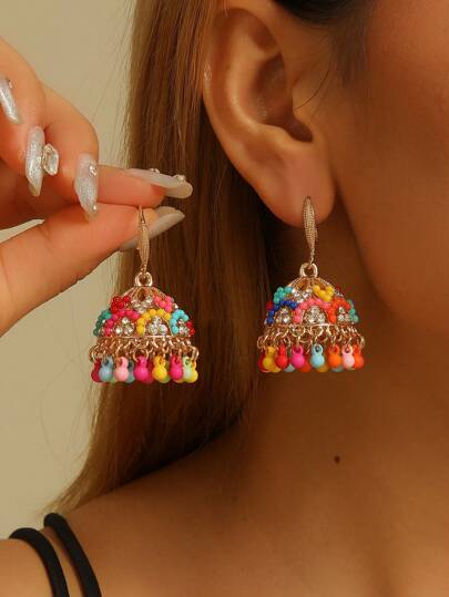 1 Pair Fashionable Boho Style Colorful Cubic Zirconia Bell Round Bead Tassel Earrings, Exquisite And Glamorous Bollywood Ear Jewelry, Suitable For Women's Daily, Festival, Wedding And Party Wear/Jewelry Gift