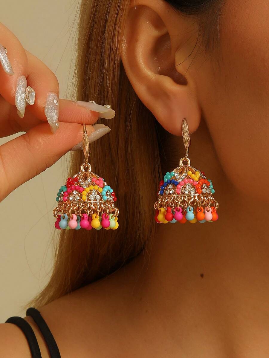 1 Pair Fashionable Boho Style Colorful Cubic Zirconia Bell Round Bead Tassel Earrings, Exquisite And Glamorous Bollywood Ear Jewelry, Suitable For Women's Daily, Festival, Wedding And Party Wear/Jewelry Gift - Multicolor - View 1