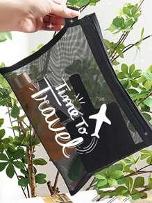 Bolsa de maquillaje con estampado de patrón de letra "Time to Travel", bolsa de almacenamiento para maquillaje y esponja de cojín, bolsa organizadora transparente, neceser de viaje, estilo de vacaciones hawaianas, bolsa de aseo, bolsas de embalaje, para vacaciones, playa, baño, dormitorio, gran capacidad