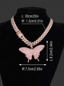 Fashion Crystal Pink Butterfly Pendant & Punk Spiked Cuban Link Chain Necklace Set, Unisex Party / Gift Decorative Box Included