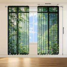 2 件装精美中式窗户印花窗帘，适用于家居装饰 - 适用于卧室、办公室、厨房、客厅和书房的带杆口袋窗户装饰 - 綠色 - 查看 15