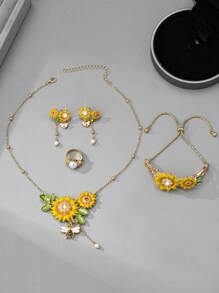 1 Set Luxe Elegante Bloemen Strass & Kunstparel Zonnebloem Ketting, Oorbellen, Armband, Ring Sieradenset Voor Vrouwen, Geschikt Voor Vakanties, Verjaardagen, Dates, Ballen, Bruiloften, Feesten, Vakanties, Dagelijks Gebruik