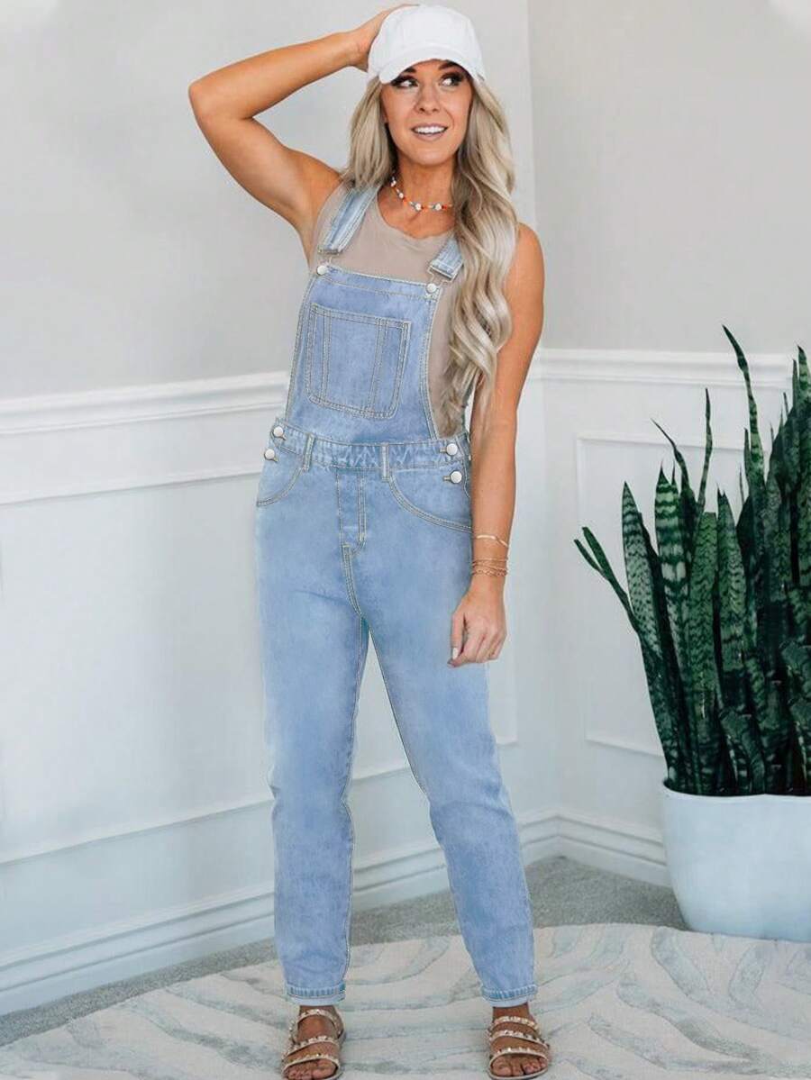 Elegante pantalón de peto vaquero lavado de moda para mujer - Lavado ligero - Ver 1
