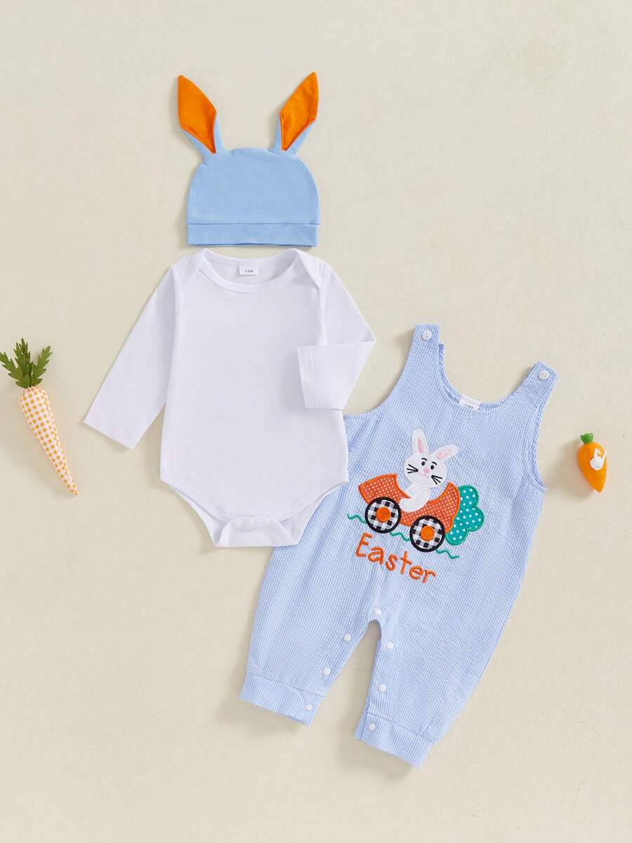Newborn Baby Boy My First Easter Outfit Long Sleeve Romper Bunny Embroidery Plaid Overalls Jumpsuit Rabbit Ears Hat 3 Piece Spring Set - Blue - View 1