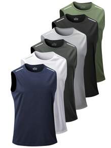 6件装男士运动无袖T恤，休闲跑步训练健身运动上衣，黑色夏季款 - 黑色 - 查看 5