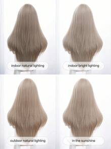 前额蕾丝 4*1，1 片合成耐热直发无刘海亚麻米灰色 26 英寸全编织日常自然逼真假发 - 米色 - 查看 10