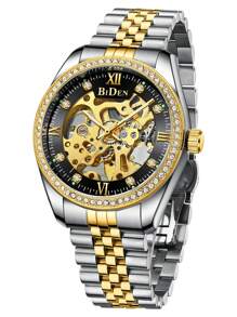 BIDEN 1 件男士腕表，自动机械商务休闲腕表，防水夜光不锈钢表带，男士钻石镂空腕表 - 均碼 - 查看 15