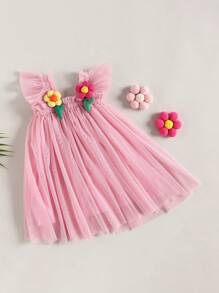 Vestido de niña pequeña con decoración de flores, manga de vuelo, vestido de princesa informal de capa de tul para verano - Rosa - Ver 6