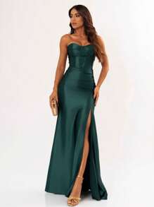 LONG WEDDING PARTY DRESS FOR BRIDESMAID FASHIONISTA STRAPLES WITH SLIT - Dark Green - View 1