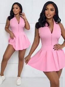 AIJ Mono casual de mujer Amarilo con cierre de cremallera frontal y volantes, diseño elegante, coqueto y juvenil de estilo preppy - Rosa - Ver 1