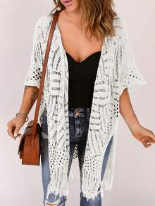 Acelitt Women Plain Simple Casual Kimono Cover Up With Tassel Decor