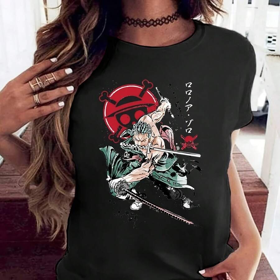 Japanese Anime Roronoa Zoro T-Shirt Fashion Print Loose Chic Haruku Punk Uni T-Shirt 70951 - Black - View 1