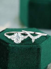 Esberry 2pcs/Set 925 Sterling Silver High Sparkle Glamorous Cubic Zirconia Water-Drop Decor Wedding Band For Women Valentines Gift Engagement Bridal Jewelry