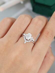 Esberry 2pcs/Set 925 Sterling Silver High Sparkle Glamorous Cubic Zirconia Water-Drop Decor Wedding Band For Women Valentines Gift Engagement Bridal Jewelry