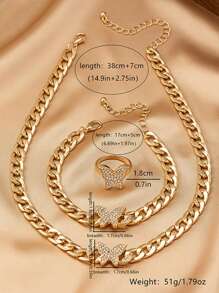 3 件套优雅金属金蝴蝶水晶吊坠项链、手链和戒指套装，适合女性日常、派对和节日的时尚装扮 - 金黃色 - 查看 5