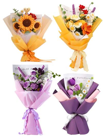 1 Set Flower Bouquet Crochet Kit For Beginner, DIY Yarn Knitting, Rose, Tulip, Sunflower Bouquet Material Kit With Basic Accessories And Tutorials, Ideal Holiday Gift