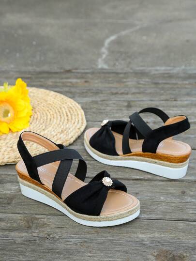 Aijiangluo 女士蝴蝶结装饰厚底凉鞋，度假风格，夏季条纹黑色撞色坡跟露趾凉鞋，适合约会、购物、通勤、海滩、户外