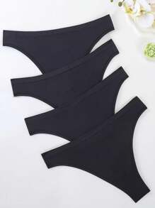 HANQIYA 4pcs Women's Plus Size Black Solid Color Thong Panties, Elegant & Simple, Moisture-Wicking & Breathable