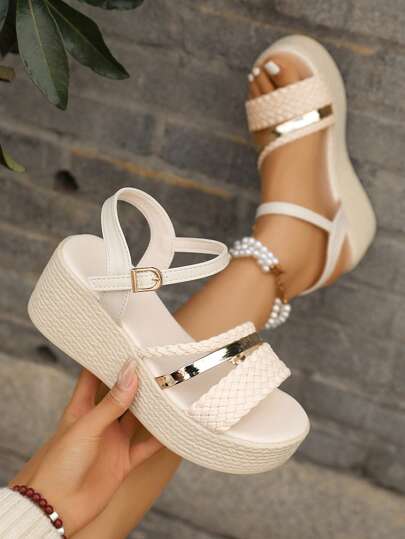 Sandalias casuales con suela gruesa, sujetador de una hebilla, diseño de punta abierta, antideslizantes, cómodas y versátiles para combinar con pantalones y faldas, para mujer de talla grande, de verano