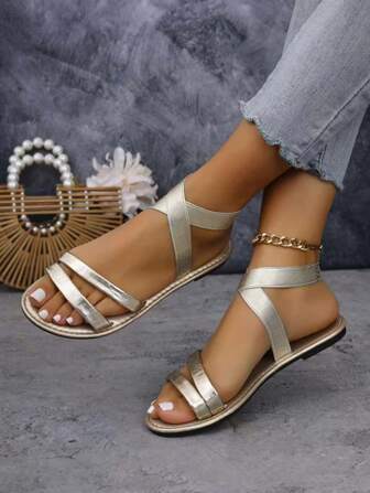 1 par de sandalias planas de mujer de talla grande con correas cruzadas, estilo suelto y cómodo, de moda casual, apropiadas para primavera/verano, para uso en exteriores y playa