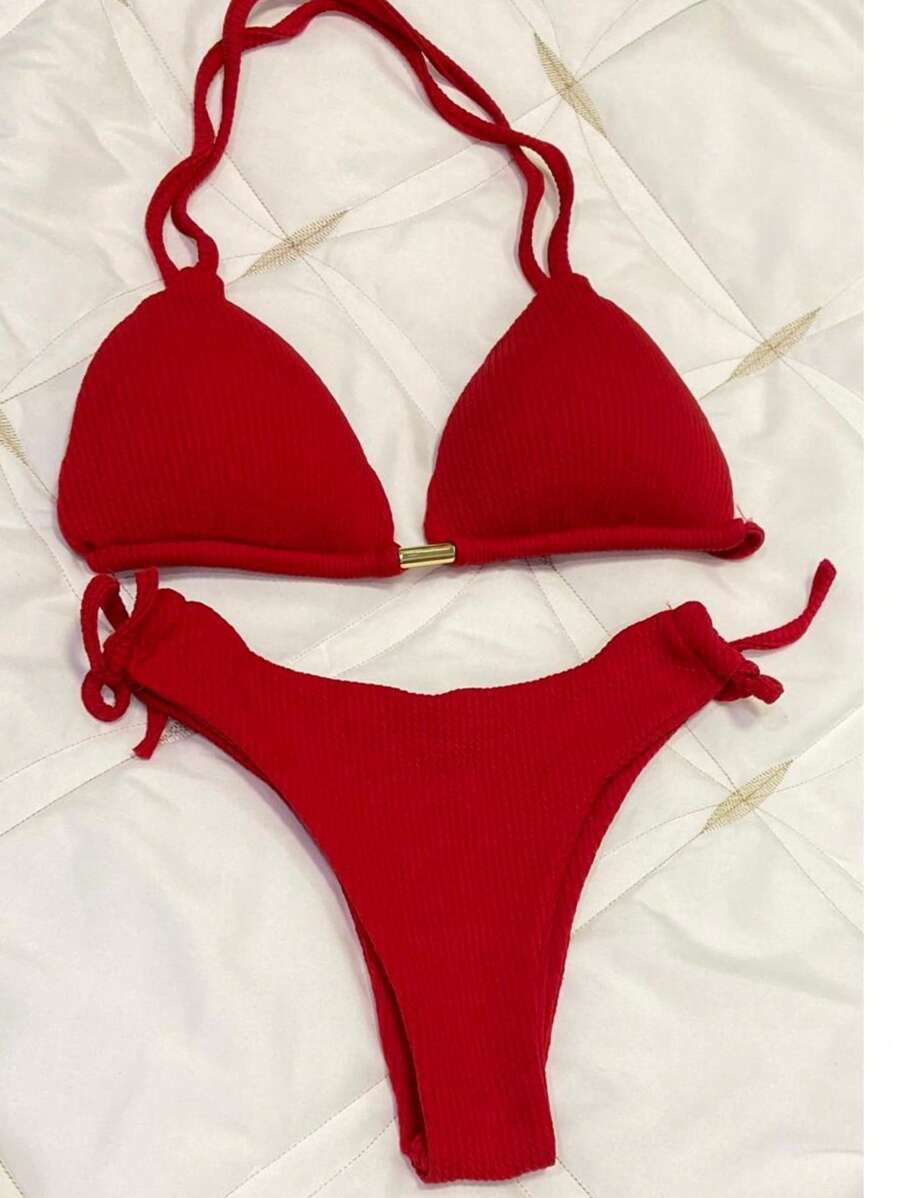 Ribbed Triangle Bikini Bottoms With Double Thong And Semi-G-String - 紅色 - 查看 1
