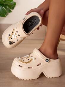 女士镂空鞋，DIY亮片装饰，朋克风厚底镂空设计，舒适花园鞋 - 卡其金色 - 查看 4