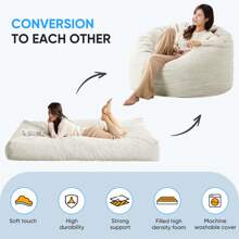 Full/Queen Size Bean Bag Chairs For Adults, 2 In 1 Bean Bag Chairs, Convertible Bean Bag With Filler For Gaming Large Foam, Bean Bags With Washable Soft Corduroy Cover For Living Room - 白色 - 查看 8