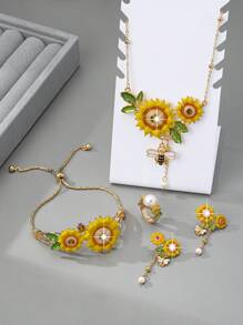 1 Set Luxe Elegante Bloemen Strass & Kunstparel Zonnebloem Ketting, Oorbellen, Armband, Ring Sieradenset Voor Vrouwen, Geschikt Voor Vakanties, Verjaardagen, Dates, Ballen, Bruiloften, Feesten, Vakanties, Dagelijks Gebruik