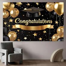 1 PC, Polyester Fiber Graduation Party Banner, Black And Gold Congratulatory Background Board, Multifunctional Room And Entrance Decoration, No Electricity Required, Suitable For All Seasons